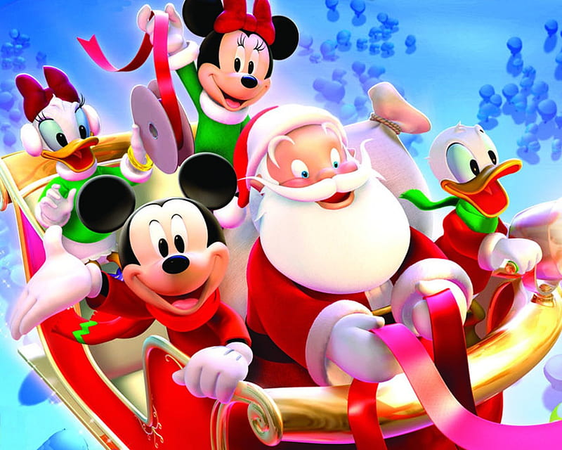 Mickey Mouse and Santa, disney christmas, minnie mouse, mickey mouse christmas, HD wallpaper