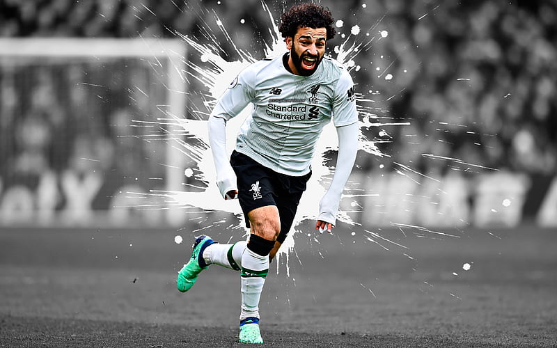 Mohamed Salah Liverpool FC, art, Egyptian football player, white uniform, white splashes of paint, grunge art, creative art, Premier League, England, football, HD wallpaper