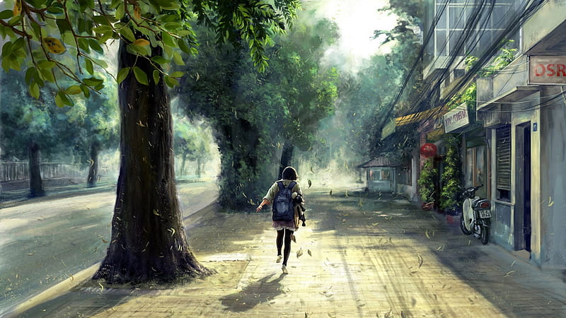 Street Scenery, female, clear, trees, sky, stores, leaves, signs, anime, road, scenery, teddy bear, street, HD wallpaper