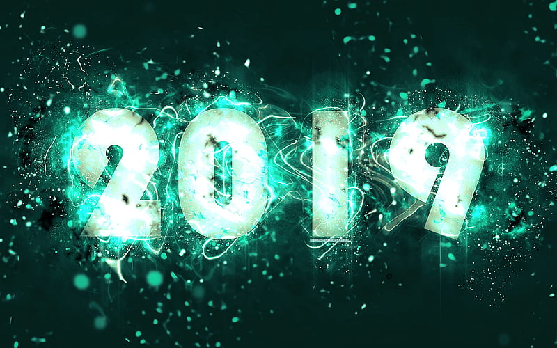 2019 year, turquoise background, neon lights abstract art, creative, 2019 concepts, turquoise neon, Happy New Year 2019, HD wallpaper
