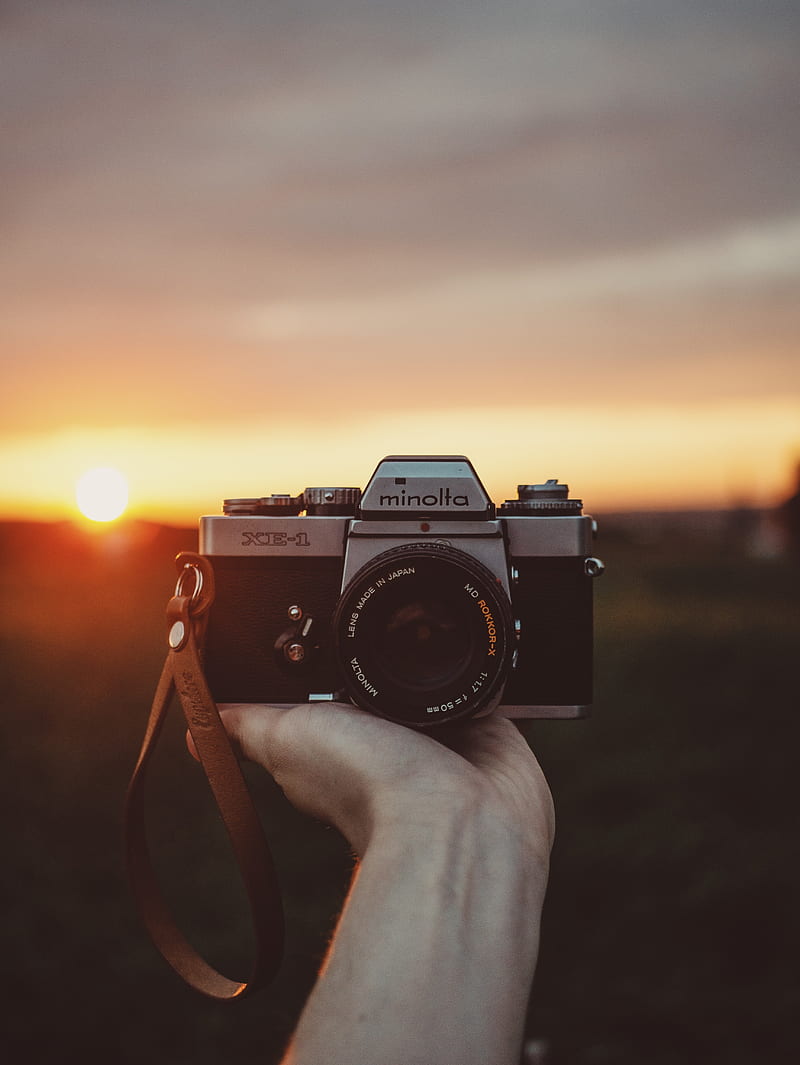 minolta camera, hand, sunset, Technology, HD phone wallpaper