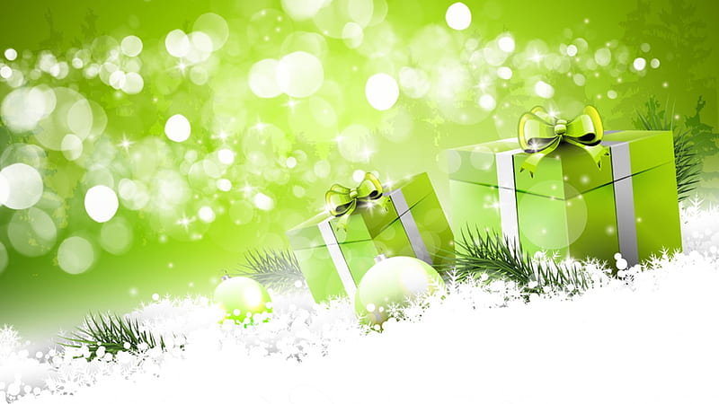 Gift of Green, stars, Christmas, lime, bokeh, green, pine, balls, snow, decorations, presents, fir, peridot, gifts, spruce, HD wallpaper