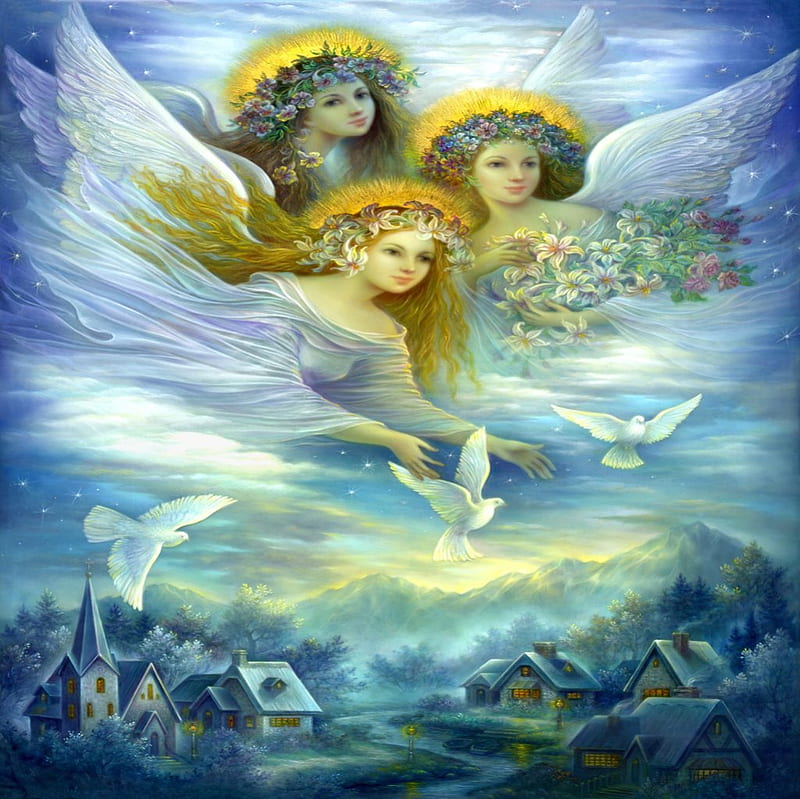 Peaceful angels, colorful, angel, bonito, magic, city, ghost, bird, painting, heaven, peaceful, dove, white, HD wallpaper