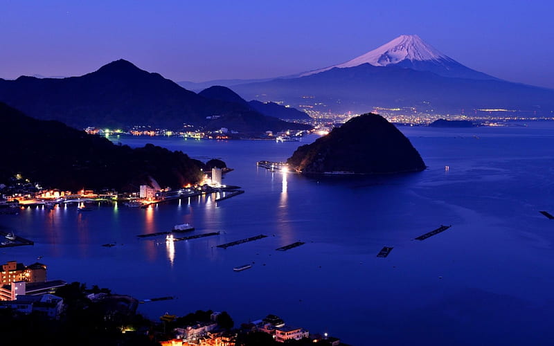 mt fuji at night, mountain, towns, volcano, harbor, night, HD wallpaper