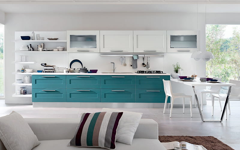 Kitchen interior, white and blue kitchen, modern design, kitchen, HD wallpaper