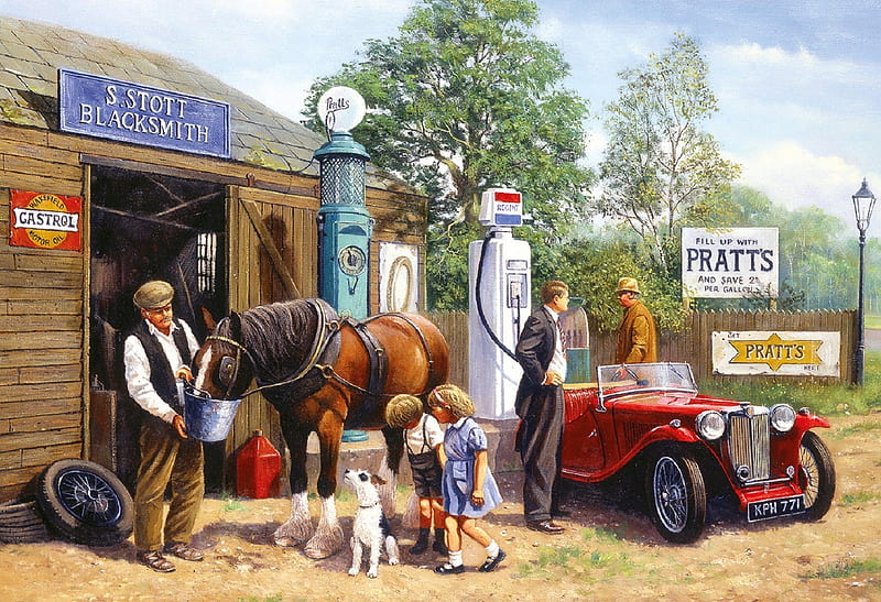 The Horse and Car Service Station, red, blacksmith, garage, pumps, car, painting, horse, vintage, HD wallpaper