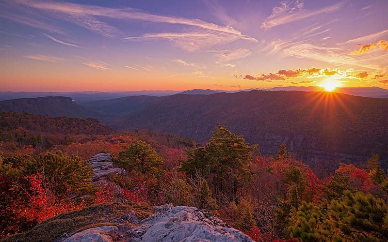 Linville Gorge, North Carolina, landscape, trees, colors, sky, sun, forest, fall, rocks, usa, leaves, mountains, HD wallpaper