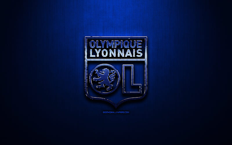 Olympique Lyonnais FC, blue metal background, Ligue 1, french football club, fan art, Olympique Lyonnais logo, football, soccer, Lyon FC, France, HD wallpaper