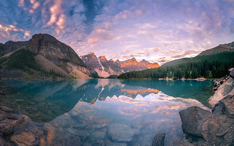 Sunset Lake Moraine Reflection Banff Park Canada, HD wallpaper