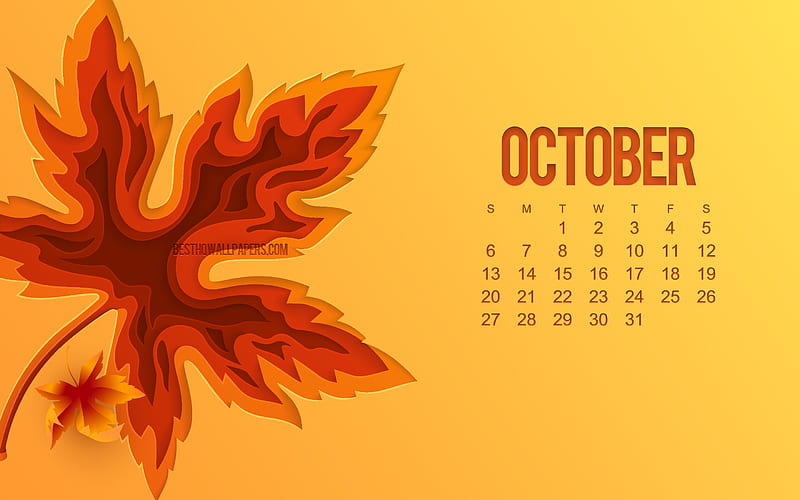 2019 October Calendar, orange background, autumn concepts Calendar for October 2019, 3d autumn leaf, October 2019 Calendar, HD wallpaper