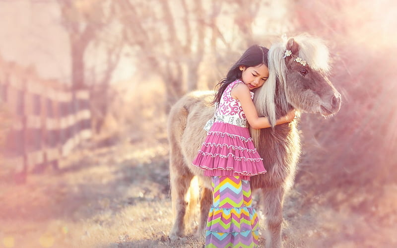 My little friend!, cute, lovely, girl, poney, child, horse, pink, HD wallpaper