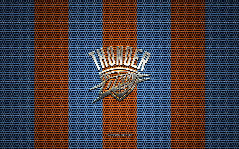 Oklahoma City Thunder logo, American basketball club, metal emblem, blue orange metal mesh background, Oklahoma City Thunder, NBA, Oklahoma City, Oklahoma, USA, basketball, HD wallpaper