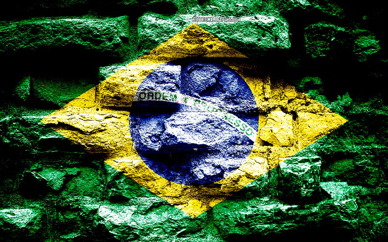 Brazil flag, grunge brick texture, Flag of Brazil, flag on brick wall, Brazil, Europe, flags of South American countries, HD wallpaper