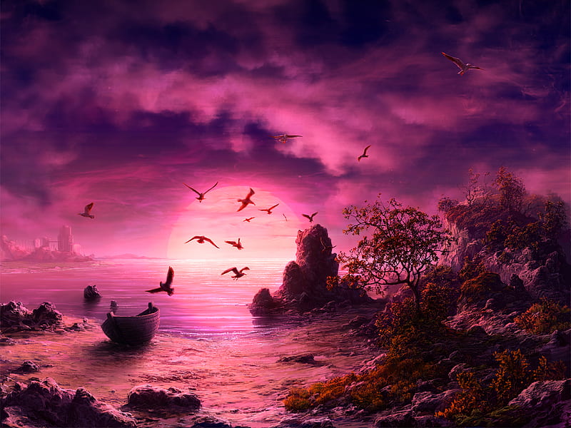 Seagull Birds Boat Landscape Purple Sunset, seagull, birds, purple, artist, artwork, digital-art, HD wallpaper