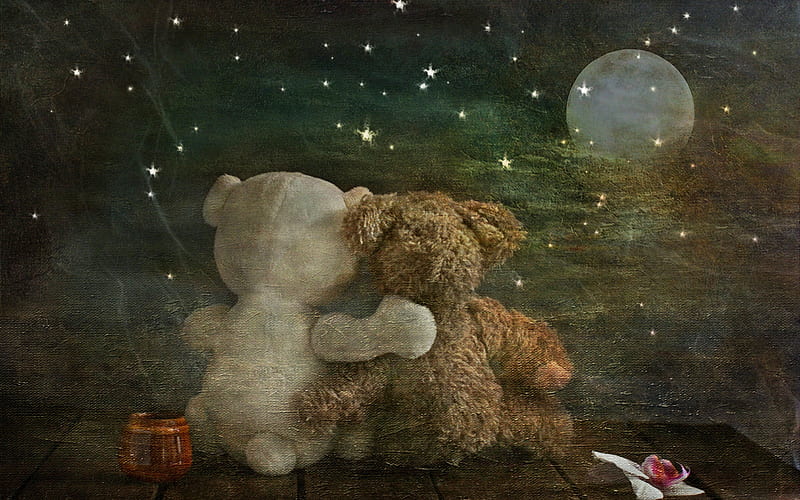Romantic Teddy Bears, teddy bears, stars, moon, hugs, night, HD wallpaper