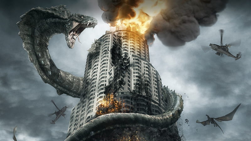 Giant snake attack, building, fire, fantasy, cobra, monster, attack, snake, HD wallpaper