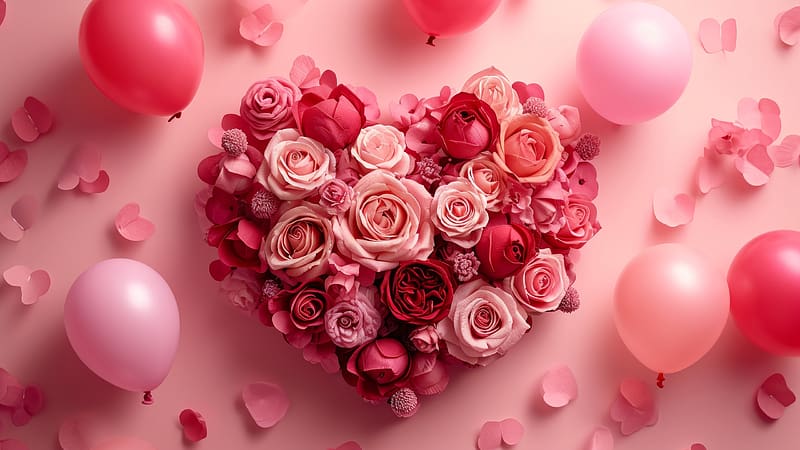 :), heart, balloon, valentine, rose, flower, pink, card, day, HD wallpaper