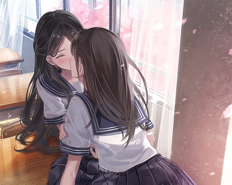 Blushing Kiss, Anime Couple, Couple, Anime, Blushing, School Uniform, Lesbian, Long Hair, Yuri, Tenderness, Black Hair, Lovers, Seifuku, School Desk, Anime Girls, Kiss, Eyes Closed, Anime Lovers, HD wallpaper