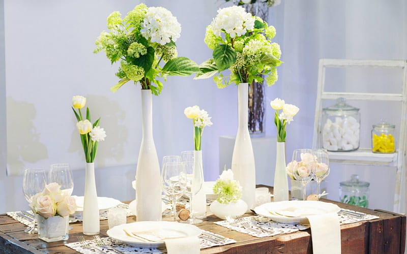 Still Life, table, plats, vases, flowers, HD wallpaper