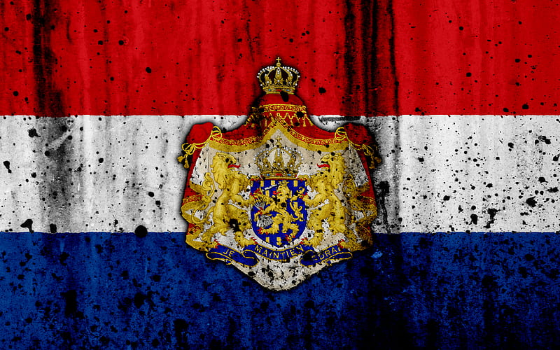 Netherlandish flag grunge, flag of Netherlands, Europe, Netherlands, national symbolism, coat of arms of Netherlands, Netherlandish coat of arms, HD wallpaper