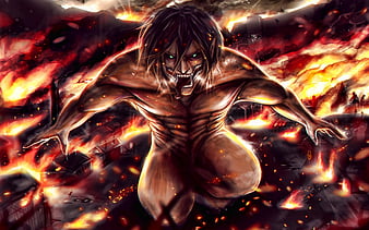 Eren Yeager Attack on Titan, fire, manga, Shingeki No Kyojin, green eyes, Attack on Titan characters, Eren Yeager in fire, HD wallpaper