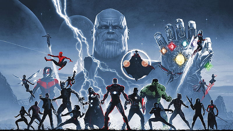 Avengers Infinity Saga , avengers, artwork, superheroes, iron-man, thor, thanos, war-machine, captain-america, spiderman, hulk, captain-marvel, HD wallpaper