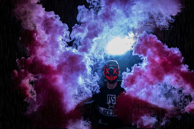 man, mask, colored smoke, anonymous, HD wallpaper
