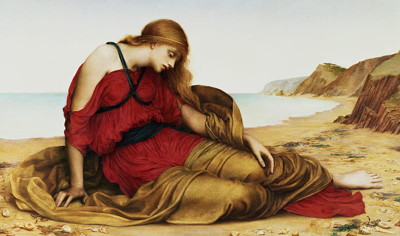 Ariadne in Naxos by Evelyn de Morgan, ariadne, red, fantasy, evelyn de morgan, girl, painting, pictura, HD wallpaper