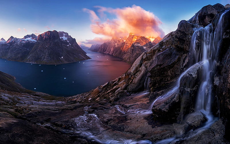 Greenland, fjord, sunset, waterfall, mountains, rocks, HD wallpaper