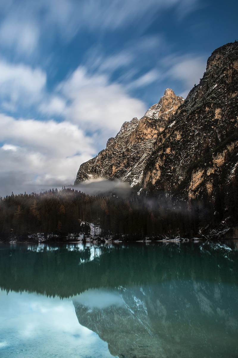 mountain, lake, fog, pragser wildsee, italy, landscape, HD phone wallpaper