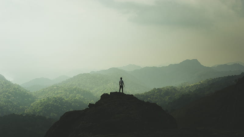silhouette, mountains, fog, peak, loneliness, dom, HD wallpaper