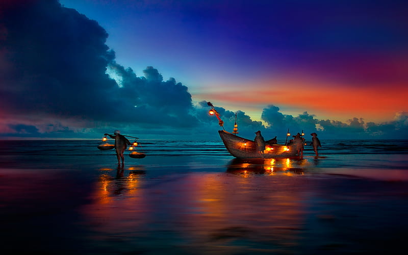 Beautiful Sky, pretty, sun, sunset, clouds, lights, beach, boat, boats, splendor, beauty, evening, reflection, burn, lovely, ocean, china, waves, sky, set, fire, colorful, lantern, bonito, sea, people, blue, night, amazing, lamp, view, lamps, colors, peaceful, nature, HD wallpaper