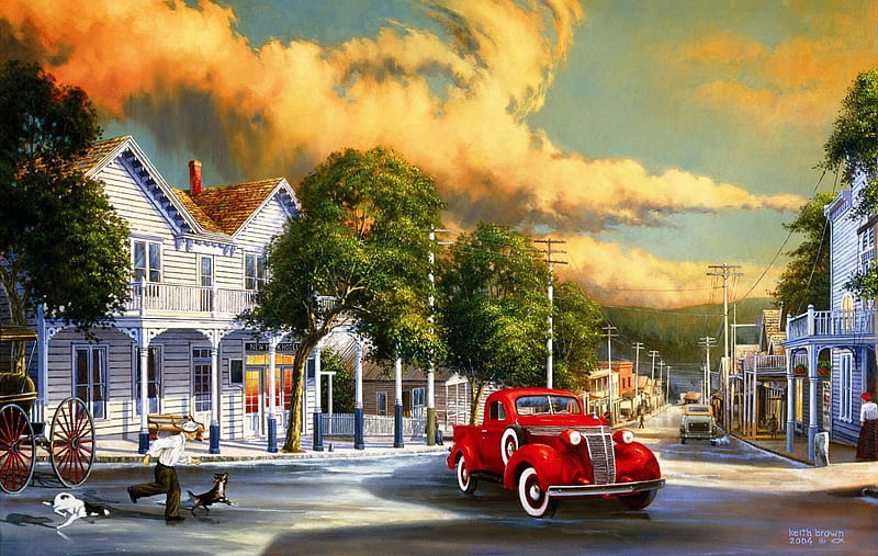 Summer Storm, houses, sky, clouds, artwork, people, car, village, street, vintage, HD wallpaper