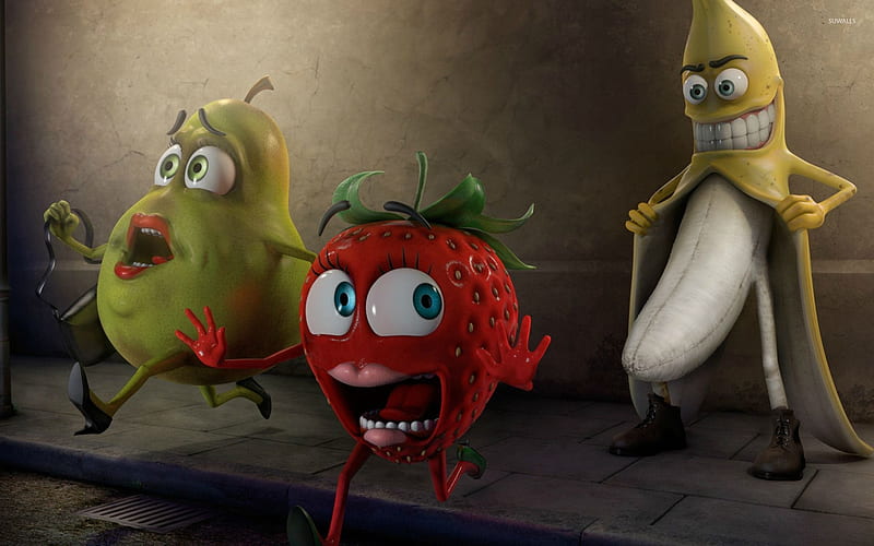 Flashing Banana, flashing, pear, humor, strawberry, fruits, banana, HD wallpaper