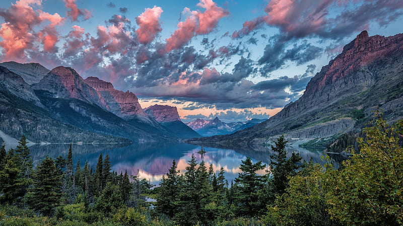 Wild Goose Island, mountains, forest, Montana, glacier, national park, trees, HD wallpaper