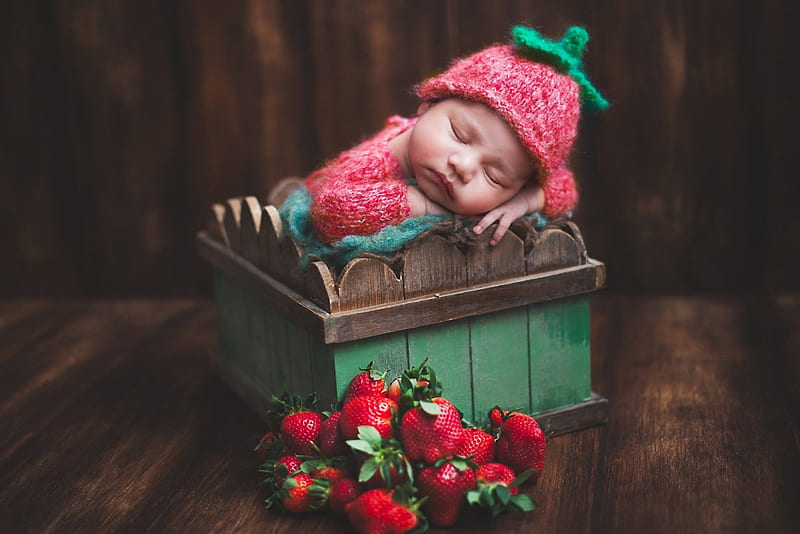 Little strawberry, red, sleep, brown, strawberry, baby, hat, cute, fruit, green, copil, child, funny, pink, wood, HD wallpaper