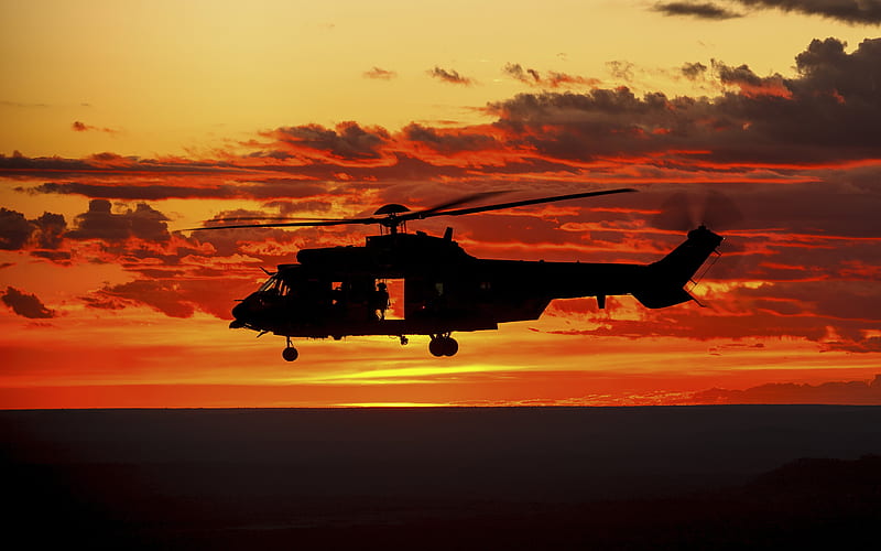 Eurocopter EC725 Caracal, military helicopter, Brazilian Air Force, Sunset, Cachimbo Airport, Para, Brazil, Airbus Helicopters, HD wallpaper