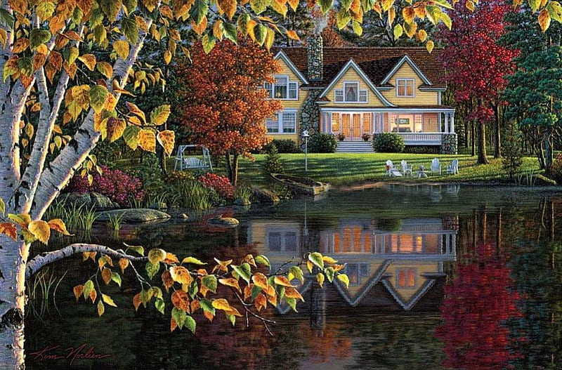 By Kim Norlien. Autumn reflection, art, kim norlien, painting, nature