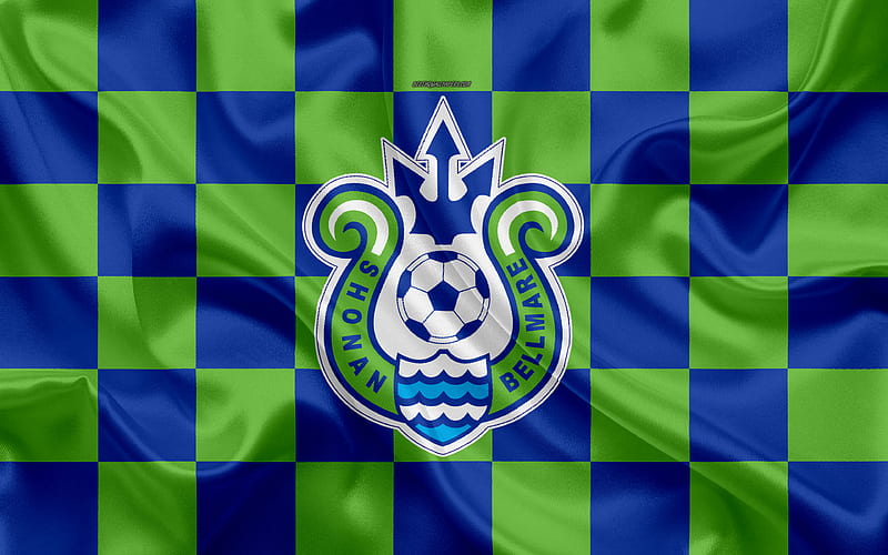 Shonan Bellmare logo, creative art, blue green checkered flag, Japanese football club, J1 League, J League Division 1, emblem, silk texture, Shonan, Samukawa, japan, football, Shonan FC, HD wallpaper