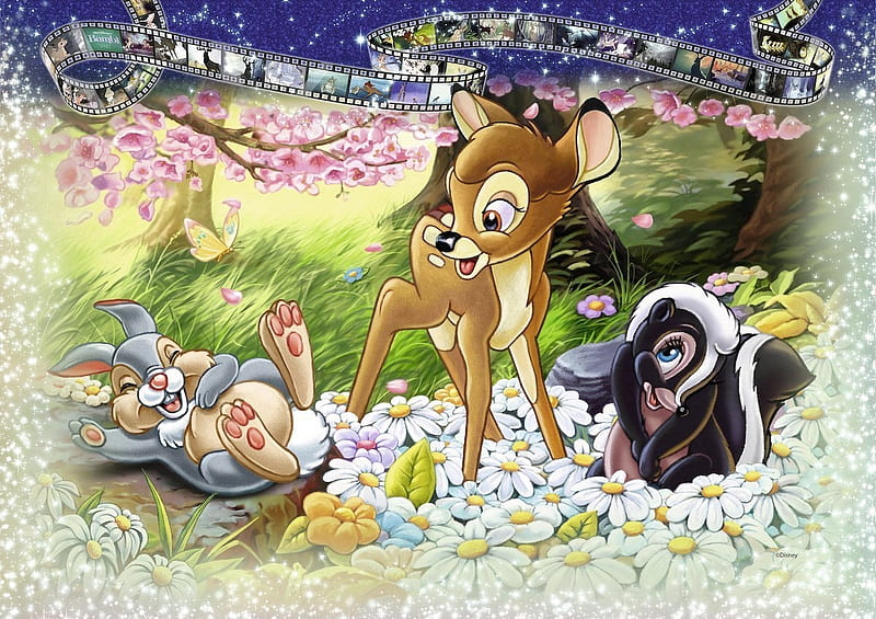 Bambi and friends, poster, friend, bambi, skunk, deer, animal, cute, flower, bunny, funny, disney, HD wallpaper