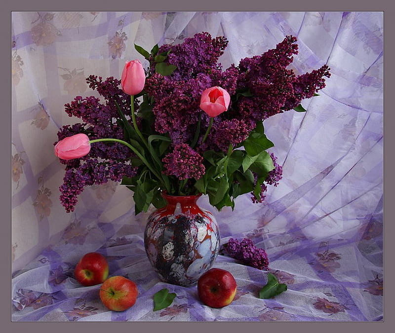 Purple passion, cloth, apples, fruits, stems, vase, bonito, lilacs, still life, leaves, purple, flowers, tulips, HD wallpaper