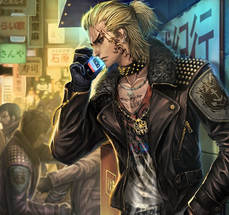 ♡ Guy ♡, blond cg, guy, anime, people, handsome, hot, realistic, male, handphone, tattoo, blonde, blonde hair, sexy, blond hair, short hair, boy, 3d, cool, jacket, mobile, phone, HD wallpaper
