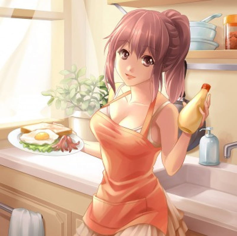 Break Fast, pretty, house, cg, toast, bread, sweet, squid, ponytail, nice, vege, anime, beauty, anime girl, long hair, lovely, food, breakfast, kitchen, sexy, smiling, plate, maiden, sink home, bonito, egg, hot, apron, female, window, brown hair, smile, vegetable, girl, lady, HD wallpaper