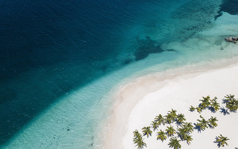 tropical island, luxury beach, white sand, palm trees, deck chairs, waves, ocean, HD wallpaper