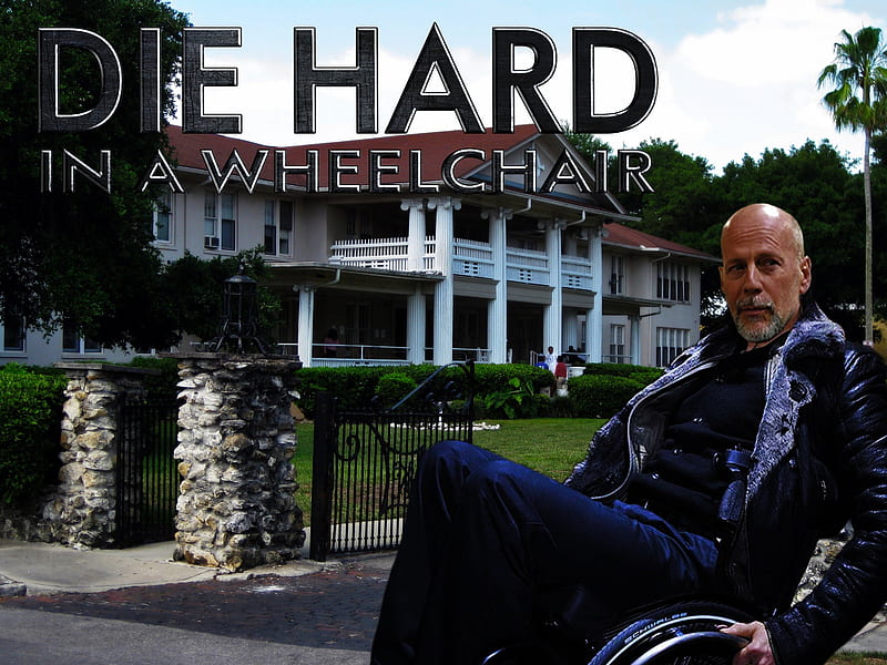 Die Hard in a Wheelchair, a good day to die hard, die hard, action, Bruce willis, comedy, live or die hard, john mcclane, wheelchair, HD wallpaper