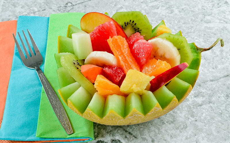 Fruit salad, food, green, yellow, dessert, sweet, colorful, red, fruit, melon, HD wallpaper