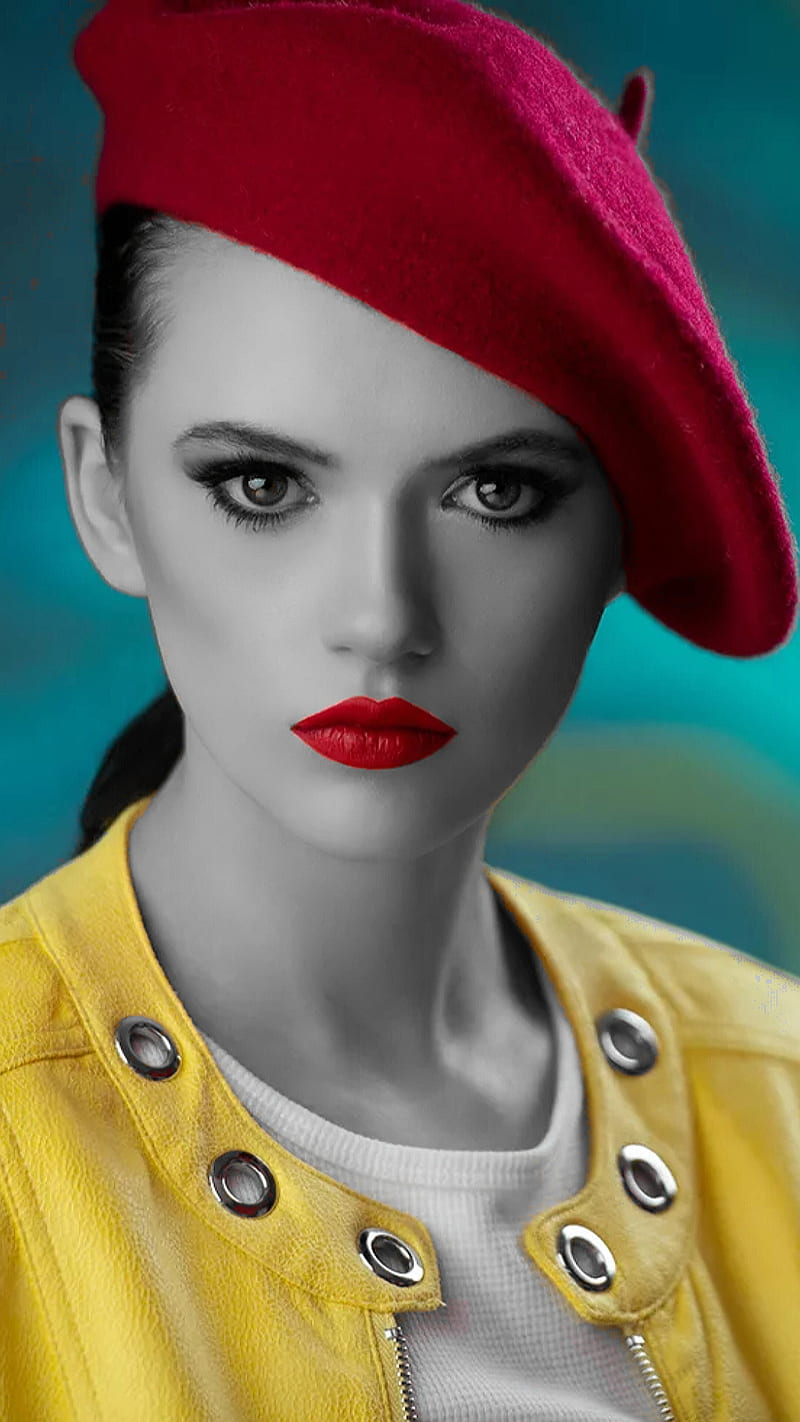 Colors, black and white, green, leather, pretty, red hat, red lips, strong, yellow jacket, HD phone wallpaper