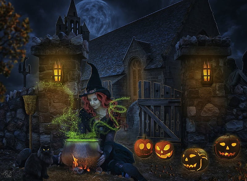 Girl Witch Pumpkin Horrible Face Sky Moon Background HD Halloween Wallpapers   HD Wallpapers  ID 84581