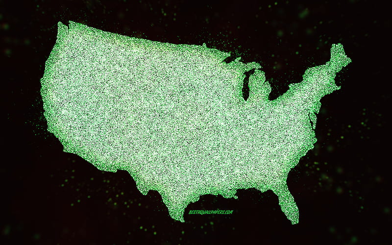 USA glitter map, black background, USA map, green glitter art, Map of USA, creative art, USA green map, USA, HD wallpaper