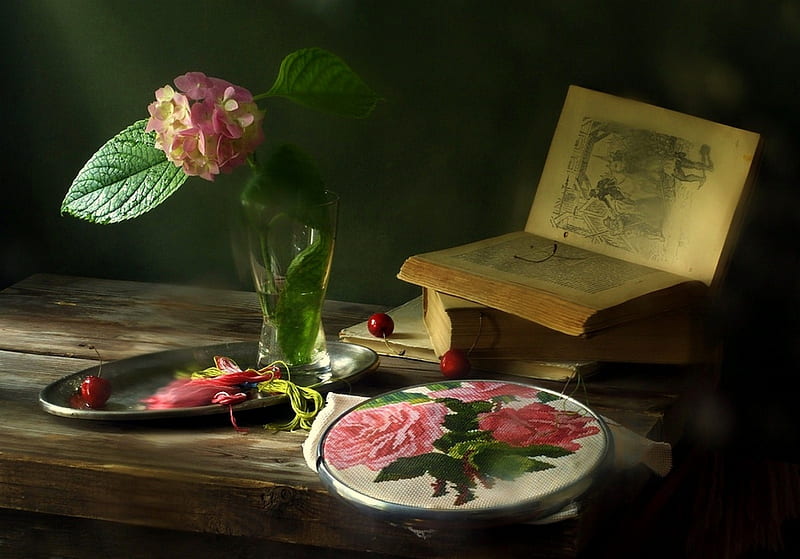 Charm, table, needlepoint, still life, book, flower, cherries, vase, silver platter, HD wallpaper